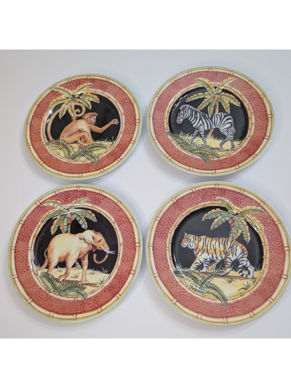 Andrea by Sadek Jungle Safari Plates Set 4 Monkey Tiger Zebra Elephant 8.25